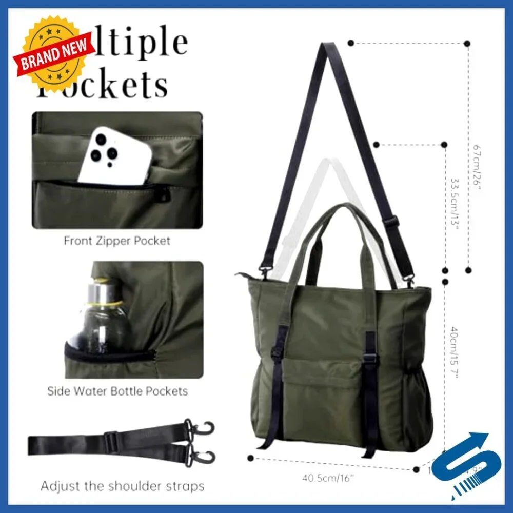 Large Nylon Tote Bag Lightweight Crossbody Handbag Detachable Strap Work Travel